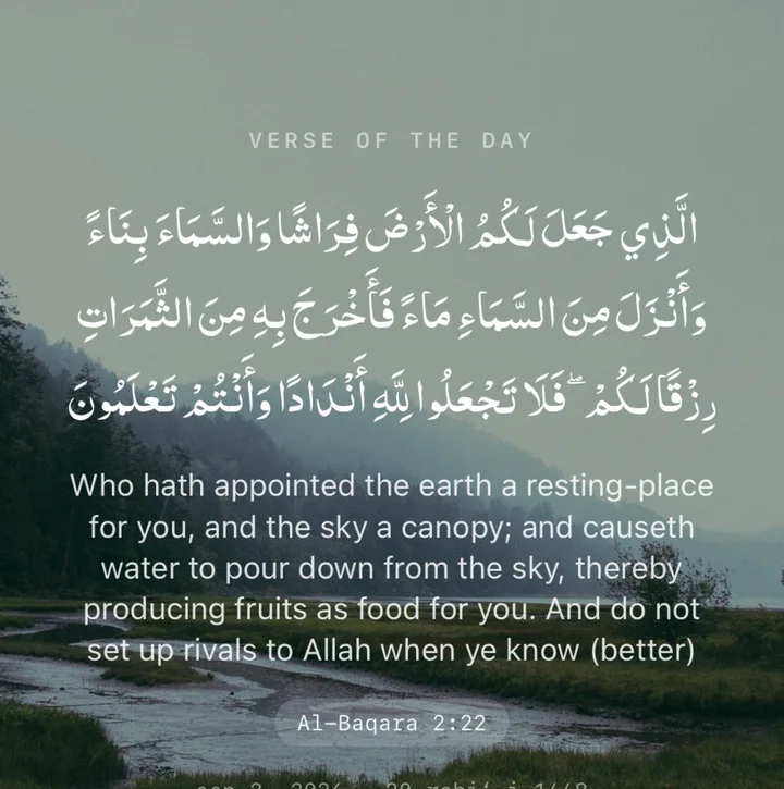 Al-Baqara 2:22 in Arabic and English, set over a photo of a misty river valley, made in NUR’s Reflect editor